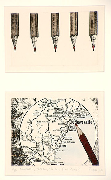 Artist: b'Robinson, Pippa' | Title: b'Newcastle N.S.W. nuclear free zone?' | Date: 1985 | Technique: b'etching, hand-coloured' Artist: b'Robinson, Pippa' | Title: b'Newcastle N.S.W. nuclear free zone?' | Date: 1985 | Technique: b'etching, hand-coloured'