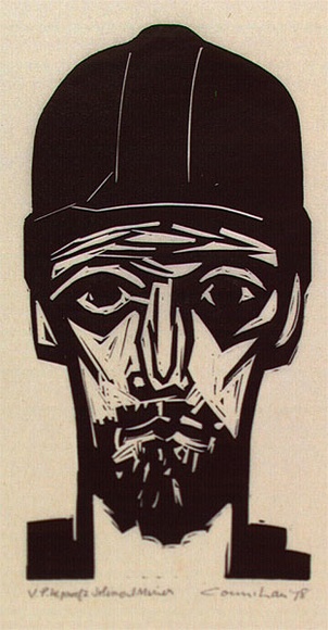 Artist: b'Counihan, Noel.' | Title: b'Jolimont miner' | Date: 1984 | Technique: b'linocut, printed in black ink, from one block' Artist: b'Counihan, Noel.' | Title: b'Jolimont miner' | Date: 1984 | Technique: b'linocut, printed in black ink, from one block'