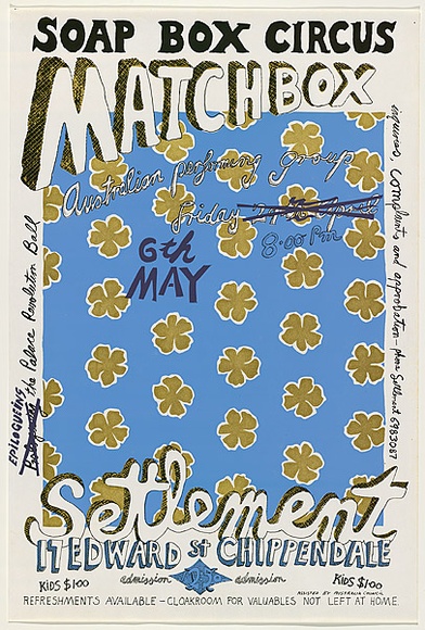 Artist: b'WORSTEAD, Paul' | Title: b'Soap Box Circus, Matchbox.' | Date: 1977 | Technique: b'screenprint, printed in colour, from four stencils,' | Copyright: b'This work appears on screen courtesy of the artist' Artist: b'WORSTEAD, Paul' | Title: b'Soap Box Circus, Matchbox.' | Date: 1977 | Technique: b'screenprint, printed in colour, from four stencils,' | Copyright: b'This work appears on screen courtesy of the artist'