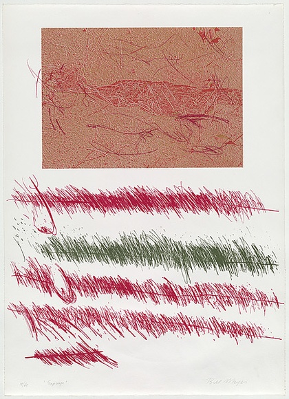 Artist: b'MEYER, Bill' | Title: b'Gapscape' | Date: 1980-81 | Technique: b'screenprint, printed in colour, from four stencils (charcoal on acetate for indirect stencils and half tone photo images)' | Copyright: b'\xc2\xa9 Bill Meyer' Artist: b'MEYER, Bill' | Title: b'Gapscape' | Date: 1980-81 | Technique: b'screenprint, printed in colour, from four stencils (charcoal on acetate for indirect stencils and half tone photo images)' | Copyright: b'\xc2\xa9 Bill Meyer'