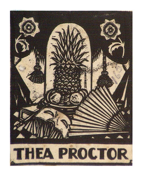Artist: b'FEINT, Adrian' | Title: b'Bookplate: Thea Proctor.' | Date: 1927 | Technique: b'wood-engraving, printed in black ink, from one block' | Copyright: b'Courtesy the Estate of Adrian Feint' Artist: b'FEINT, Adrian' | Title: b'Bookplate: Thea Proctor.' | Date: 1927 | Technique: b'wood-engraving, printed in black ink, from one block' | Copyright: b'Courtesy the Estate of Adrian Feint'