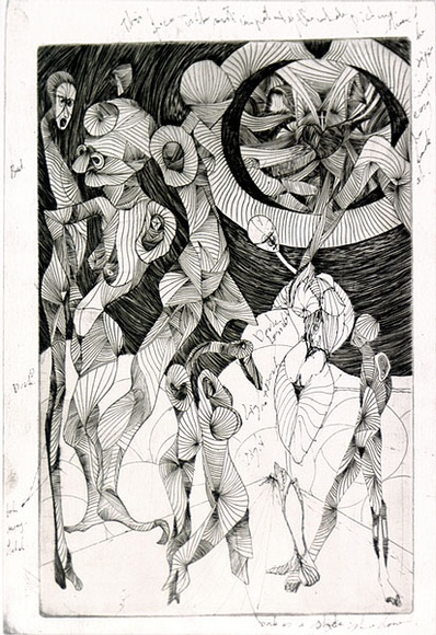 Artist: b'SHOMALY, Alberr' | Title: b'Man and universe' | Date: 1968 | Technique: b'engraving, printed in black ink, from one copper plate; additions in black ink' Artist: b'SHOMALY, Alberr' | Title: b'Man and universe' | Date: 1968 | Technique: b'engraving, printed in black ink, from one copper plate; additions in black ink'