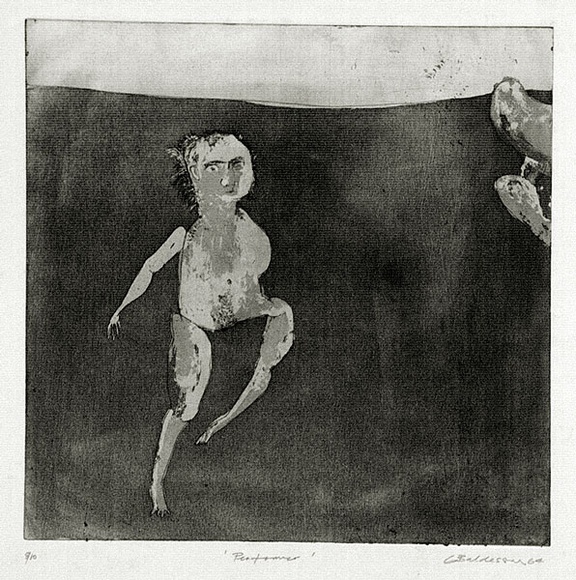 Artist: b'BALDESSIN, George' | Title: b'Performer.' | Date: 1964 | Technique: b'etching, aquatint and burnishing, printed in black ink, from one plate' Artist: b'BALDESSIN, George' | Title: b'Performer.' | Date: 1964 | Technique: b'etching, aquatint and burnishing, printed in black ink, from one plate'