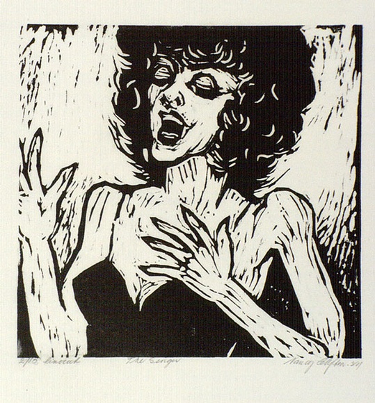 Artist: b'Clifton, Nancy.' | Title: b'The singer.' | Date: 1981 | Technique: b'linocut, printed in black ink, from one block' Artist: b'Clifton, Nancy.' | Title: b'The singer.' | Date: 1981 | Technique: b'linocut, printed in black ink, from one block'