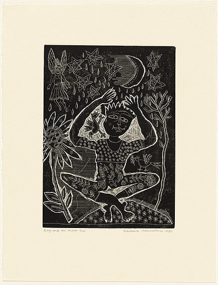 Artist: b'HANRAHAN, Barbara' | Title: b'Girl with a doll' | Date: 1990 | Technique: b'etching, aquatint, printed in black ink with plate-tone, from one plate, hand-coloured' Artist: b'HANRAHAN, Barbara' | Title: b'Girl with a doll' | Date: 1990 | Technique: b'etching, aquatint, printed in black ink with plate-tone, from one plate, hand-coloured'