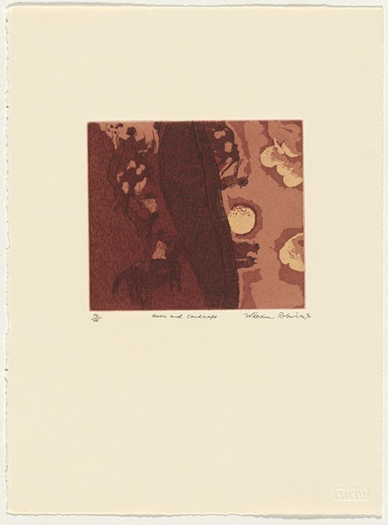 Artist: b'Robinson, William.' | Title: b'Moon and landscape' | Date: 1990 | Technique: b'etching and aquatint, printed in colour, from multiple plates; with chine colle' Artist: b'Robinson, William.' | Title: b'Moon and landscape' | Date: 1990 | Technique: b'etching and aquatint, printed in colour, from multiple plates; with chine colle'