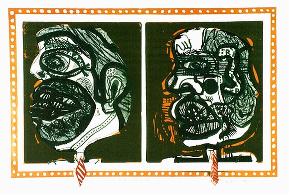 Artist: b'HANRAHAN, Barbara' | Title: b'Two men with ties' | Date: 1966 | Technique: b'lithograph, printed in colour, from four plates' Artist: b'HANRAHAN, Barbara' | Title: b'Two men with ties' | Date: 1966 | Technique: b'lithograph, printed in colour, from four plates'