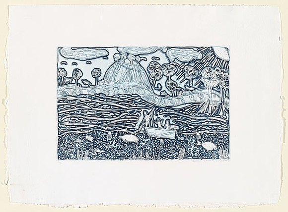 Artist: b'RED HAND PRINT' | Title: b'Fishing scene at Melville Island' | Date: 1999, November | Technique: b'etching, line-etching, sugarlift aquatint and openbite, printed in blue/black ink, from one plate' Artist: b'RED HAND PRINT' | Title: b'Fishing scene at Melville Island' | Date: 1999, November | Technique: b'etching, line-etching, sugarlift aquatint and openbite, printed in blue/black ink, from one plate'