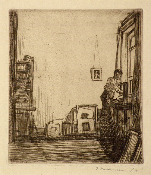 Artist: Friedensen, Thomas. | Title: Artist in his studio. | Date: 1912 | Technique: etching, printed brown ink with plate-tone, from one plate Artist: Friedensen, Thomas. | Title: Artist in his studio. | Date: 1912 | Technique: etching, printed brown ink with plate-tone, from one plate