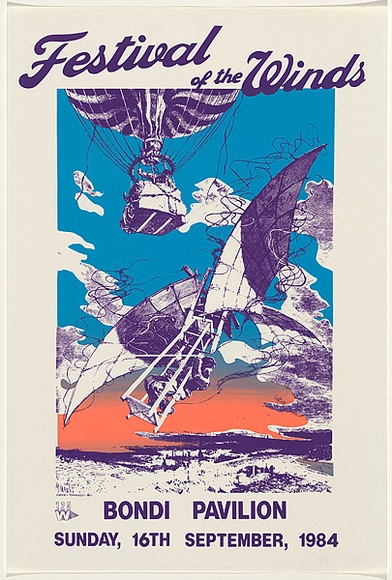 Artist: b'Clarkson, Jean.' | Title: b'Festival of the winds - Bondi Pavilion.' | Date: 1984 | Technique: b'screenprint, printed in colour, from two stencils' Artist: b'Clarkson, Jean.' | Title: b'Festival of the winds - Bondi Pavilion.' | Date: 1984 | Technique: b'screenprint, printed in colour, from two stencils'