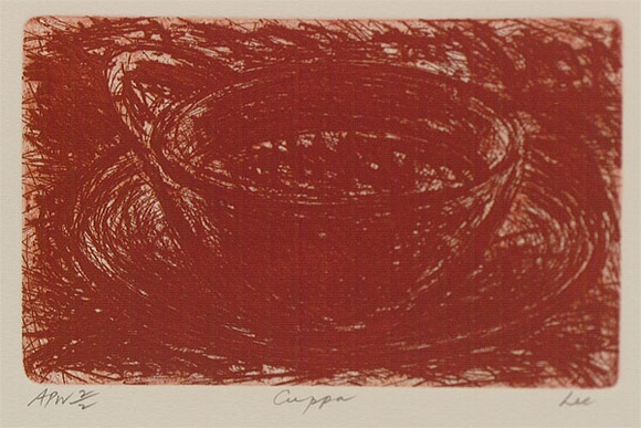 Artist: b'Lee, Graeme.' | Title: b'Cuppa' | Date: 1998, December | Technique: b'etching and open-bite, printed in red ink, from one plate' Artist: b'Lee, Graeme.' | Title: b'Cuppa' | Date: 1998, December | Technique: b'etching and open-bite, printed in red ink, from one plate'