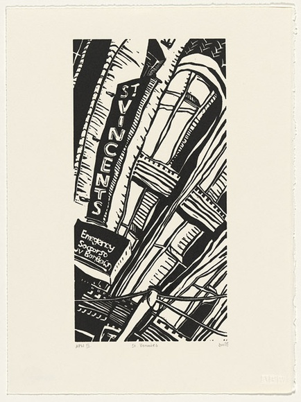 Artist: b'Mourtzios, Debbie.' | Title: b'St. vinnies' | Date: 1993 | Technique: b'linocut, printed in black ink, from one block' | Copyright: b'\xc2\xa9 Debbie Mourtzios' Artist: b'Mourtzios, Debbie.' | Title: b'St. vinnies' | Date: 1993 | Technique: b'linocut, printed in black ink, from one block' | Copyright: b'\xc2\xa9 Debbie Mourtzios'