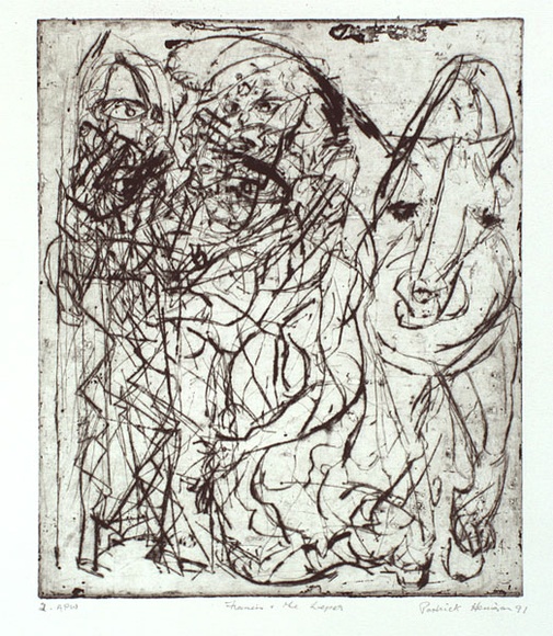 Artist: b'Henigan, Patrick.' | Title: b'Francis and the leper' | Date: 1991, June | Technique: b'drypoint, printed in black ink, from one plate' Artist: b'Henigan, Patrick.' | Title: b'Francis and the leper' | Date: 1991, June | Technique: b'drypoint, printed in black ink, from one plate'