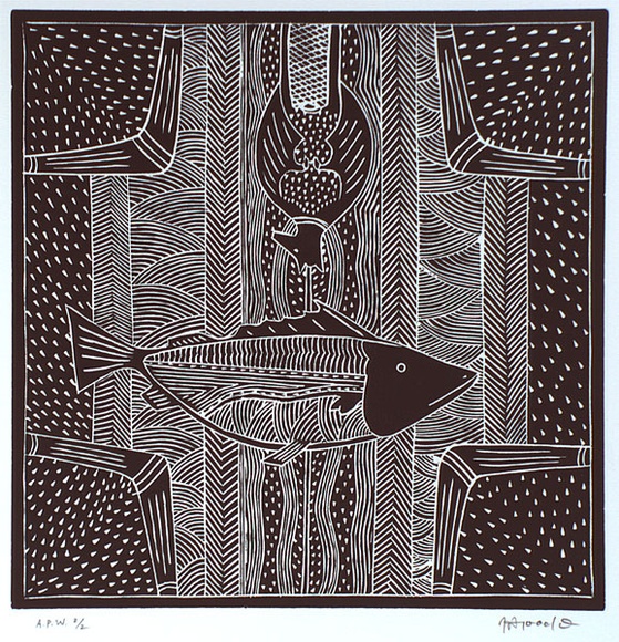 Artist: b'Nargoodah, John.' | Title: b'Fish and bat with four boomerangs' | Date: 1999, September | Technique: b'linocut, printed in black ink, from one block' Artist: b'Nargoodah, John.' | Title: b'Fish and bat with four boomerangs' | Date: 1999, September | Technique: b'linocut, printed in black ink, from one block'