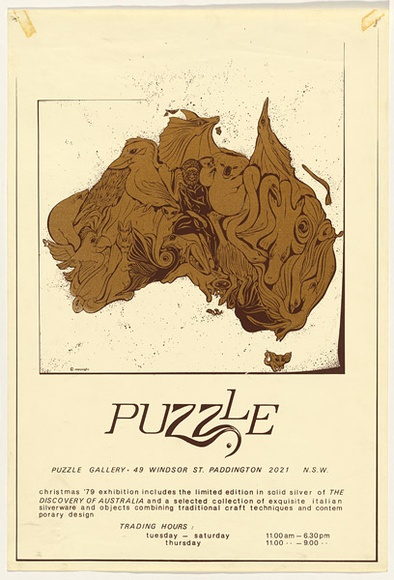 Artist: b'UNKNOWN' | Title: b'Puzzle Gallery Christmas 1979 exhibition, Sydney.' | Date: 1979 | Technique: b'screenprint' Artist: b'UNKNOWN' | Title: b'Puzzle Gallery Christmas 1979 exhibition, Sydney.' | Date: 1979 | Technique: b'screenprint'