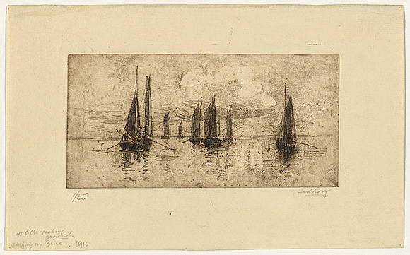 Artist: b'Long, Sydney.' | Title: b'Becalmed' | Date: c.1919 | Technique: b'line-etching, printed in brown ink with plate-tone, from one zinc plate' | Copyright: b'Reproduced with the kind permission of the Ophthalmic Research Institute of Australia'