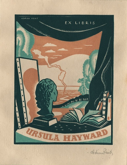 Artist: b'FEINT, Adrian' | Title: b'Bookplate: Ursula Hayward.' | Date: (1937) | Technique: b'wood-engraving, printed in colour, from three blocks in pink, and light and dark green inks' | Copyright: b'Courtesy the Estate of Adrian Feint' Artist: b'FEINT, Adrian' | Title: b'Bookplate: Ursula Hayward.' | Date: (1937) | Technique: b'wood-engraving, printed in colour, from three blocks in pink, and light and dark green inks' | Copyright: b'Courtesy the Estate of Adrian Feint'
