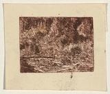 Artist: Eddy, George. | Title: not titled [landscape with people by a river]. | Date: c.1960 | Technique: etching and aquatint, printed in red ink, from one plate
