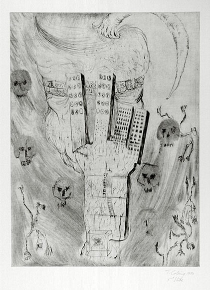 Artist: b'COLEING, Tony' | Title: b'Up yours, or just ring my bell.' | Date: 1990 | Technique: b'drypoint, printed in black ink, from one plate' Artist: b'COLEING, Tony' | Title: b'Up yours, or just ring my bell.' | Date: 1990 | Technique: b'drypoint, printed in black ink, from one plate'