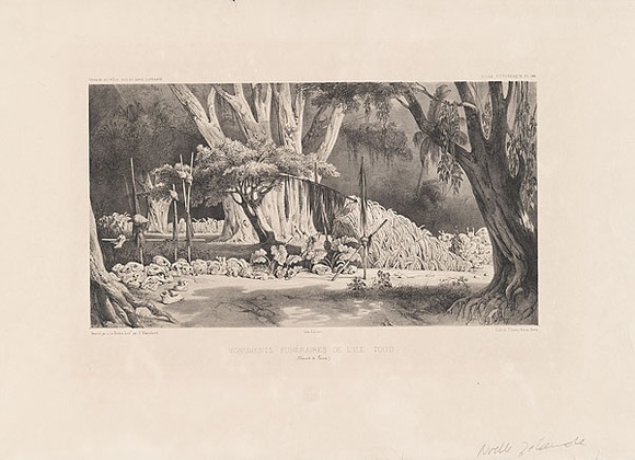 Artist: b'Le Breton, Louis.' | Title: bMonuments funeraires de I'ile Toud (Detroit de Torres). [Torres Strait Island funerary monument] | Technique: b'lithograph, printed in black ink from one stone'