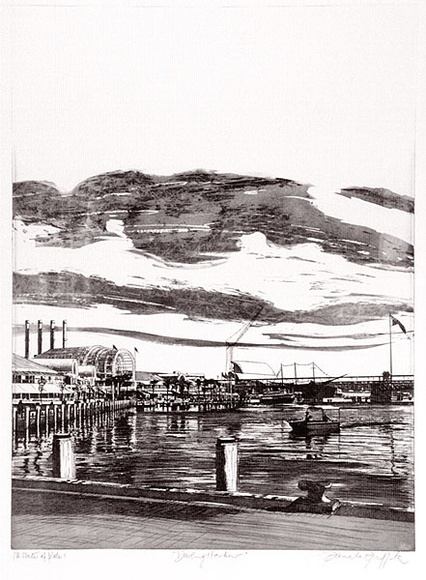 Artist: b'GRIFFITH, Pamela' | Title: b'Darling Harbour' | Date: 1988 | Technique: b'hard ground, aquatint, photo-transferred, spray resist on one copper' | Copyright: b'\xc2\xa9 Pamela Griffith' Artist: b'GRIFFITH, Pamela' | Title: b'Darling Harbour' | Date: 1988 | Technique: b'hard ground, aquatint, photo-transferred, spray resist on one copper' | Copyright: b'\xc2\xa9 Pamela Griffith'