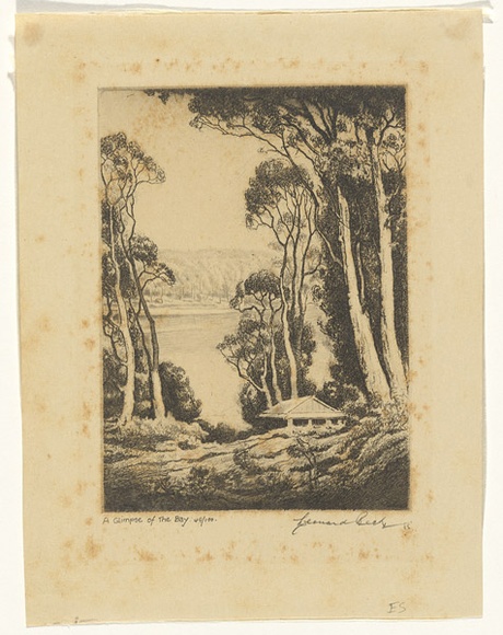 Artist: b'Beck, Leonard' | Title: b'A glimpse of the bay.' | Date: c.1930 | Technique: b'etching, printed in black ink, from one plate' Artist: b'Beck, Leonard' | Title: b'A glimpse of the bay.' | Date: c.1930 | Technique: b'etching, printed in black ink, from one plate'