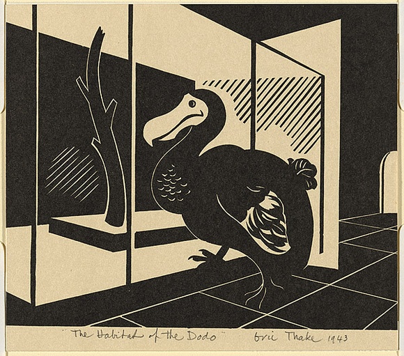 Artist: b'Thake, Eric.' | Title: b'Greeting card: Christmas (The Habitat of the Dodo)' | Date: 1943 | Technique: b'linocut, printed in black ink, from one block' Artist: b'Thake, Eric.' | Title: b'Greeting card: Christmas (The Habitat of the Dodo)' | Date: 1943 | Technique: b'linocut, printed in black ink, from one block'