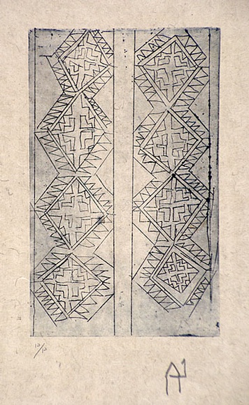 Artist: b'Wahdu Saietow.' | Title: bMen's keep good health motifs for embroidered back-patch | Date: 1991 | Technique: b'etching, printed in blue ink, from one plate'