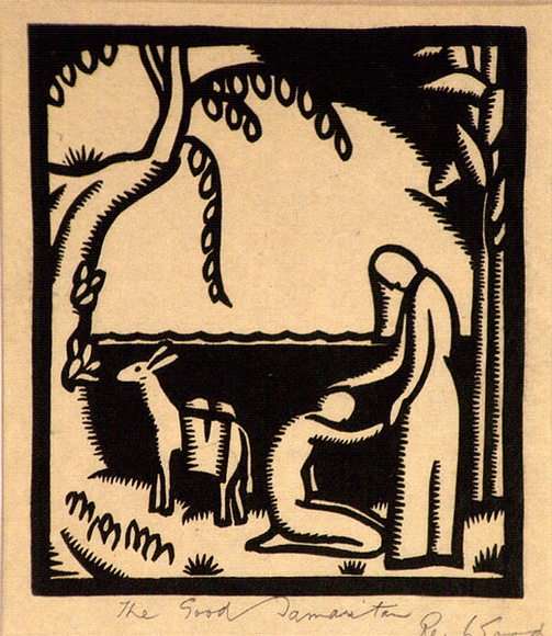 Artist: b'Wood, Rex.' | Title: b'The good samaritan.' | Date: c.1934 | Technique: b'linocut, printed in black ink, from one block' Artist: b'Wood, Rex.' | Title: b'The good samaritan.' | Date: c.1934 | Technique: b'linocut, printed in black ink, from one block'