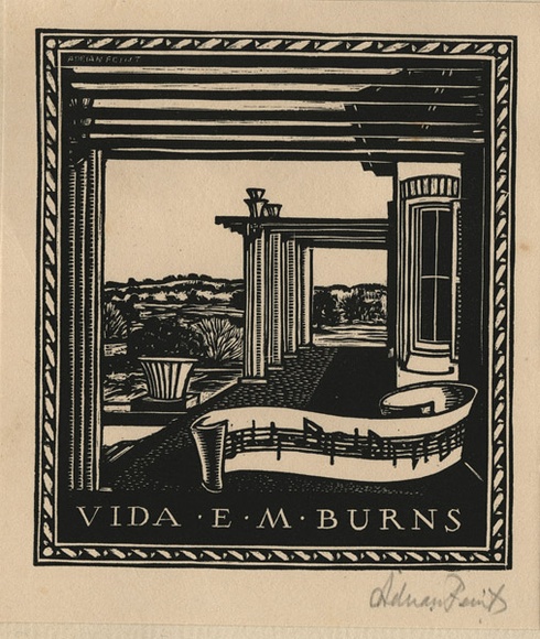Artist: b'FEINT, Adrian' | Title: b'Bookplate: Vida E.M. Burns.' | Date: 1938 | Technique: b'wood-engraving, printed in black ink, from one block' | Copyright: b'Courtesy the Estate of Adrian Feint' Artist: b'FEINT, Adrian' | Title: b'Bookplate: Vida E.M. Burns.' | Date: 1938 | Technique: b'wood-engraving, printed in black ink, from one block' | Copyright: b'Courtesy the Estate of Adrian Feint'