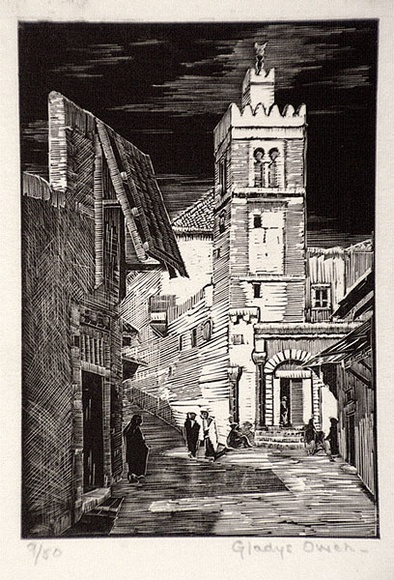 Artist: b'Owen, Gladys.' | Title: b'The mosque' | Date: c.1928 | Technique: b'wood-engraving, printed in black ink, from one block' | Copyright: b'\xc2\xa9 Estate of David Moore' Artist: b'Owen, Gladys.' | Title: b'The mosque' | Date: c.1928 | Technique: b'wood-engraving, printed in black ink, from one block' | Copyright: b'\xc2\xa9 Estate of David Moore'