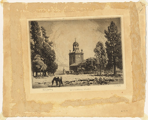 Artist: b'LINDSAY, Lionel' | Title: b'St. Matthews, Windsor' | Date: 1919 | Technique: b'etching and aquatint, printed in brown ink with plate-tone, from one plate' | Copyright: b'Courtesy of the National Library of Australia' Artist: b'LINDSAY, Lionel' | Title: b'St. Matthews, Windsor' | Date: 1919 | Technique: b'etching and aquatint, printed in brown ink with plate-tone, from one plate' | Copyright: b'Courtesy of the National Library of Australia'
