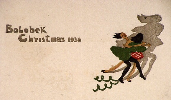 Artist: b'OGILVIE, Helen' | Title: b'Greeting card: Bolobek Christmas 1938' | Date: 1938 | Technique: b'linocut, printed in colour, from multiple blocks' Artist: b'OGILVIE, Helen' | Title: b'Greeting card: Bolobek Christmas 1938' | Date: 1938 | Technique: b'linocut, printed in colour, from multiple blocks'