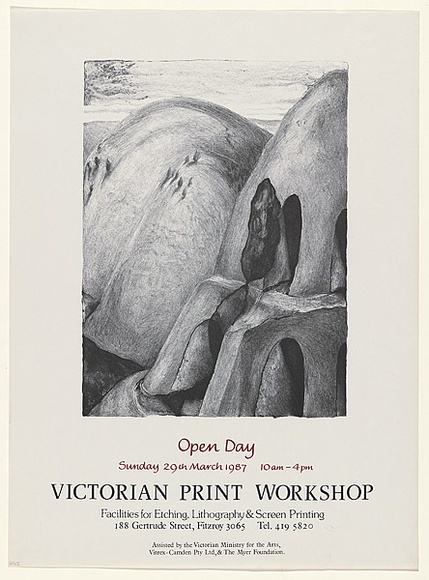 Artist: b'Johnstone, Ruth.' | Title: b'Open Day. Sunday 29th March 1987 10am - 4pm. Victorian Print Workshop' | Date: 1985 | Technique: b'offset-lithograph, printed in black ink, from one stone' Artist: b'Johnstone, Ruth.' | Title: b'Open Day. Sunday 29th March 1987 10am - 4pm. Victorian Print Workshop' | Date: 1985 | Technique: b'offset-lithograph, printed in black ink, from one stone'