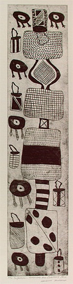 Artist: b'MUNGATOPI, Maryanne' | Title: b'Pamajini, tunga bag and ceremony pole' | Date: 1996, June | Technique: b'etching, printed in black ink, from one plate' Artist: b'MUNGATOPI, Maryanne' | Title: b'Pamajini, tunga bag and ceremony pole' | Date: 1996, June | Technique: b'etching, printed in black ink, from one plate'