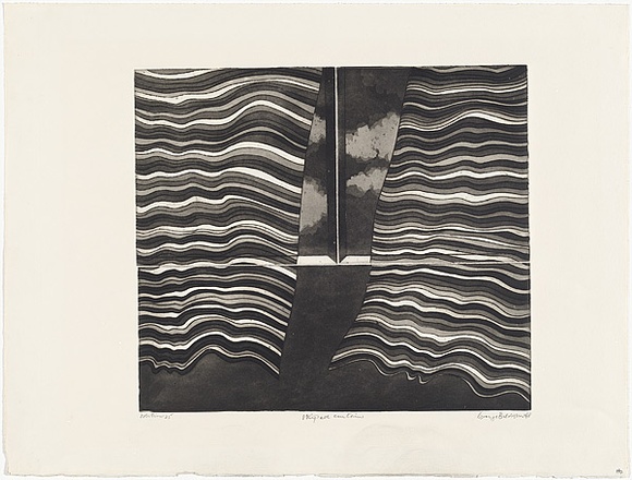 Artist: b'BALDESSIN, George' | Title: b'Striped curtains.' | Date: 1968 | Technique: b'etching and aquatint, printed in black ink, from one plate' Artist: b'BALDESSIN, George' | Title: b'Striped curtains.' | Date: 1968 | Technique: b'etching and aquatint, printed in black ink, from one plate'