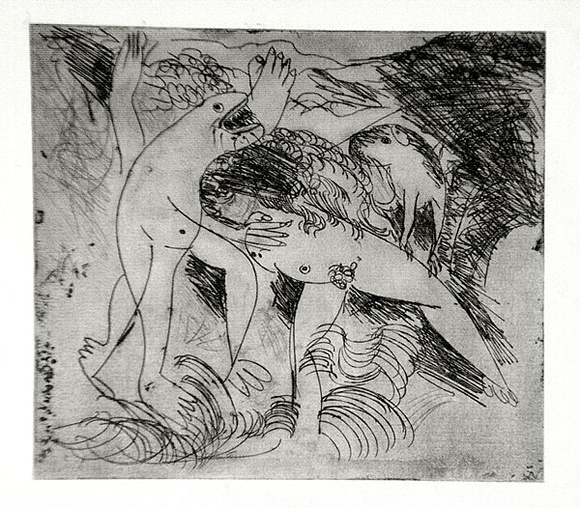Artist: b'BOYD, Arthur' | Title: b'Figure in a river with beast and dog.' | Date: (1962-63) | Technique: b'etching and drypoint, printed in black ink, from one plate' | Copyright: b'Reproduced with permission of Bundanon Trust' Artist: b'BOYD, Arthur' | Title: b'Figure in a river with beast and dog.' | Date: (1962-63) | Technique: b'etching and drypoint, printed in black ink, from one plate' | Copyright: b'Reproduced with permission of Bundanon Trust'