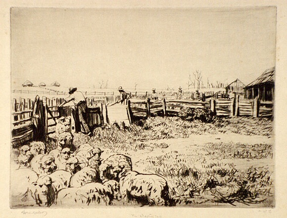 Artist: b'LINDSAY, Lionel' | Title: b'The drafting gate, Bendemeer' | Date: 1925 | Technique: b'drypoint, printed in black ink with plate-tone, from one plate' | Copyright: b'Courtesy of the National Library of Australia' Artist: b'LINDSAY, Lionel' | Title: b'The drafting gate, Bendemeer' | Date: 1925 | Technique: b'drypoint, printed in black ink with plate-tone, from one plate' | Copyright: b'Courtesy of the National Library of Australia'