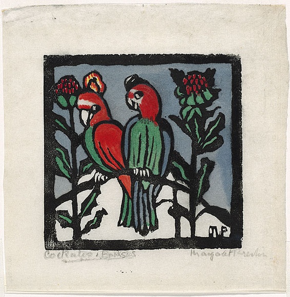 Artist: b'PRESTON, Margaret' | Title: b'Cockatoos.' | Date: 1929 | Technique: b'woodcut, printed in black ink, from one block; hand-coloured' | Copyright: b'\xc2\xa9 Margaret Preston. Licensed by VISCOPY, Australia' Artist: b'PRESTON, Margaret' | Title: b'Cockatoos.' | Date: 1929 | Technique: b'woodcut, printed in black ink, from one block; hand-coloured' | Copyright: b'\xc2\xa9 Margaret Preston. Licensed by VISCOPY, Australia'