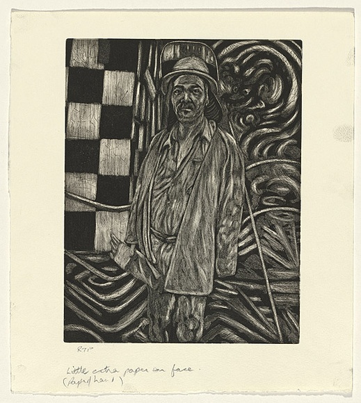 Artist: b'Gittoes, George.' | Title: b'A dragon in the furnace' | Date: 1991 | Technique: b'etching, printed in black ink, from one plate' Artist: b'Gittoes, George.' | Title: b'A dragon in the furnace' | Date: 1991 | Technique: b'etching, printed in black ink, from one plate'