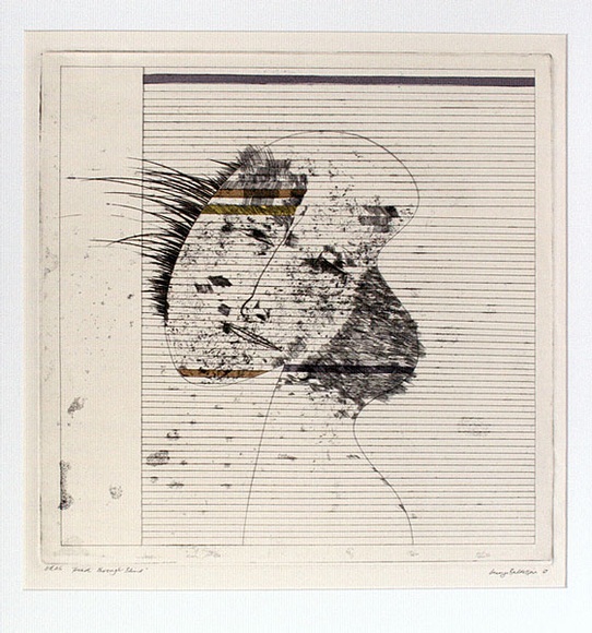 Artist: b'BALDESSIN, George' | Title: b'Head through blind.' | Date: 1967 | Technique: b'colour etching, aquatint, and embossing' Artist: b'BALDESSIN, George' | Title: b'Head through blind.' | Date: 1967 | Technique: b'colour etching, aquatint, and embossing'