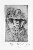 Artist: b'Zofrea, Salvatore.' | Title: b'Self-portrait with hat' | Date: c.1978 | Technique: b'etching, printed in black ink with plate-tone, from one plate' | Copyright: b'\xc2\xa9 Salvatore Zofrea, c.1978'