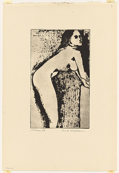 Artist: b'WILLIAMS, Fred' | Title: b'Nude' | Date: 1974 | Technique: b'electric hand engraver, engraver and polisher, printed in black ink, from one copper plate' | Copyright: b'\xc2\xa9 Fred Williams Estate' Artist: b'WILLIAMS, Fred' | Title: b'Nude' | Date: 1974 | Technique: b'electric hand engraver, engraver and polisher, printed in black ink, from one copper plate' | Copyright: b'\xc2\xa9 Fred Williams Estate'