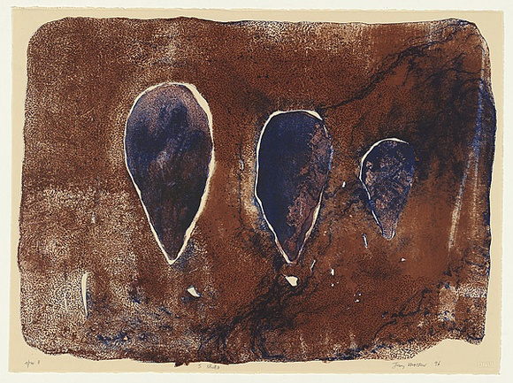 Artist: b'Watson, Judy.' | Title: b'3 skulls' | Date: 1996, August | Technique: b'lithograph, printed in colour, from multiple stones' | Copyright: b'\xc2\xa9 Judy Watson. Licensed by VISCOPY, Australia' Artist: b'Watson, Judy.' | Title: b'3 skulls' | Date: 1996, August | Technique: b'lithograph, printed in colour, from multiple stones' | Copyright: b'\xc2\xa9 Judy Watson. Licensed by VISCOPY, Australia'
