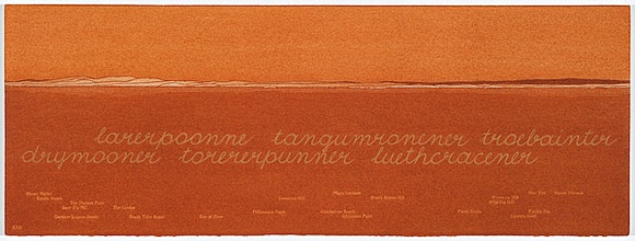Artist: b'MADDOCK, Bea' | Title: b'Terra Spiritus...with a darker shade of pale' | Date: 1993-98 | Technique: b'stencil print, printed in hand-ground Launceston ochre from multiple hand-cut mylar stencils; letterpress text blind printed; hand-drawn script' Artist: b'MADDOCK, Bea' | Title: b'Terra Spiritus...with a darker shade of pale' | Date: 1993-98 | Technique: b'stencil print, printed in hand-ground Launceston ochre from multiple hand-cut mylar stencils; letterpress text blind printed; hand-drawn script'