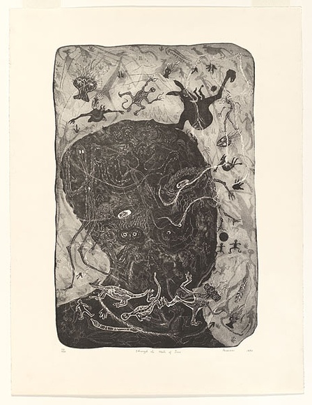 Artist: b'Hayward Pooaraar, Bevan.' | Title: b'Through the mists of time' | Date: 1990 | Technique: b'lithograph, printed in black ink, from one stone' Artist: b'Hayward Pooaraar, Bevan.' | Title: b'Through the mists of time' | Date: 1990 | Technique: b'lithograph, printed in black ink, from one stone'