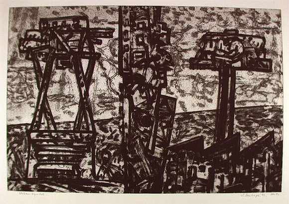 Artist: b'Senbergs, Jan.' | Title: b'Urban symbols' | Date: 1992 | Technique: b'etching, printed in black ink, from one plate' | Copyright: b'\xc2\xa9 Jan Senbergs' Artist: b'Senbergs, Jan.' | Title: b'Urban symbols' | Date: 1992 | Technique: b'etching, printed in black ink, from one plate' | Copyright: b'\xc2\xa9 Jan Senbergs'