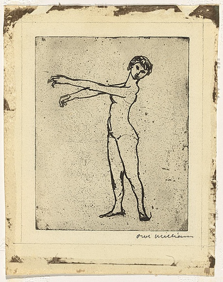 Artist: b'WILLIAMS, Fred' | Title: b'Acrobat' | Date: 1955-56 | Technique: b'etching and aquatint, printed in black ink, from one zinc plate' | Copyright: b'\xc2\xa9 Fred Williams Estate' Artist: b'WILLIAMS, Fred' | Title: b'Acrobat' | Date: 1955-56 | Technique: b'etching and aquatint, printed in black ink, from one zinc plate' | Copyright: b'\xc2\xa9 Fred Williams Estate'