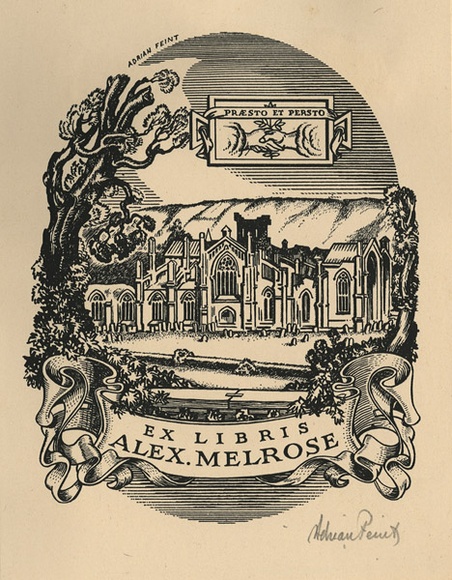 Artist: b'FEINT, Adrian' | Title: b'Bookplate: Alex. Melrose.' | Date: (1938) | Technique: b'process block, printed in black ink, from one block' | Copyright: b'Courtesy the Estate of Adrian Feint' Artist: b'FEINT, Adrian' | Title: b'Bookplate: Alex. Melrose.' | Date: (1938) | Technique: b'process block, printed in black ink, from one block' | Copyright: b'Courtesy the Estate of Adrian Feint'