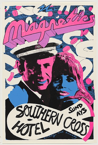 Artist: b'WORSTEAD, Paul' | Title: b'Magnetics - Southern Cross Hotel' | Date: 1980 | Technique: b'screenprint, printed in colour, from three stencils' | Copyright: b'This work appears on screen courtesy of the artist' Artist: b'WORSTEAD, Paul' | Title: b'Magnetics - Southern Cross Hotel' | Date: 1980 | Technique: b'screenprint, printed in colour, from three stencils' | Copyright: b'This work appears on screen courtesy of the artist'